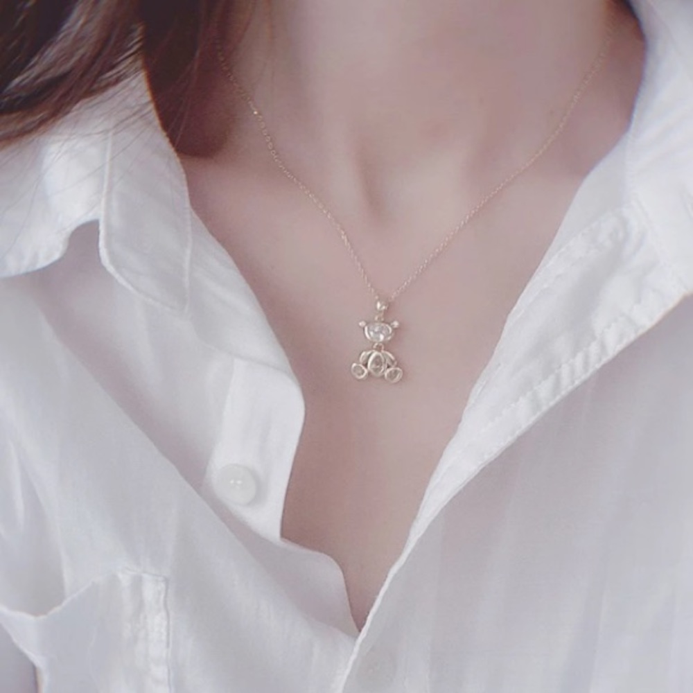 18k YG Plated Sterling Silver Teddy Bear Zircon Diamond Necklace